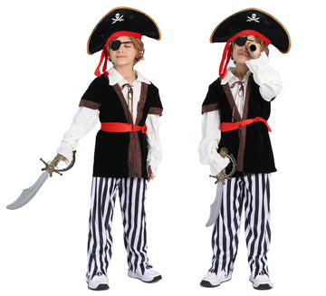 10 Pcs Pirate Costume Kids Coat Pants Hat With Accessories Deluxe Set For Party Cosplay 11-12 Years