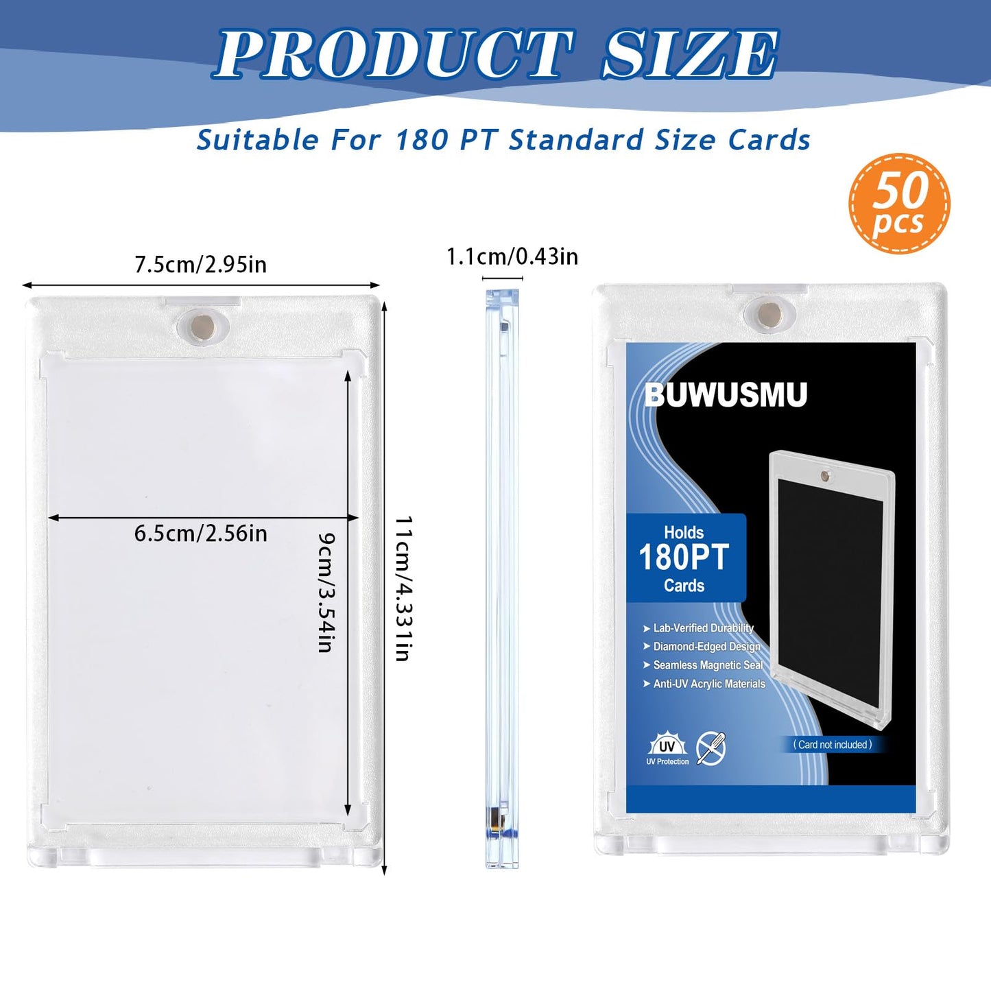 50 Pcs 180 Pt Acrylic Magnetic Card Holders  One Touch Clear Card Protectors  Hard Plastic Magnetic Card Cases for Sports  Baseball  Trading Card Storage and Display (2.5 x 3.54 Inch)