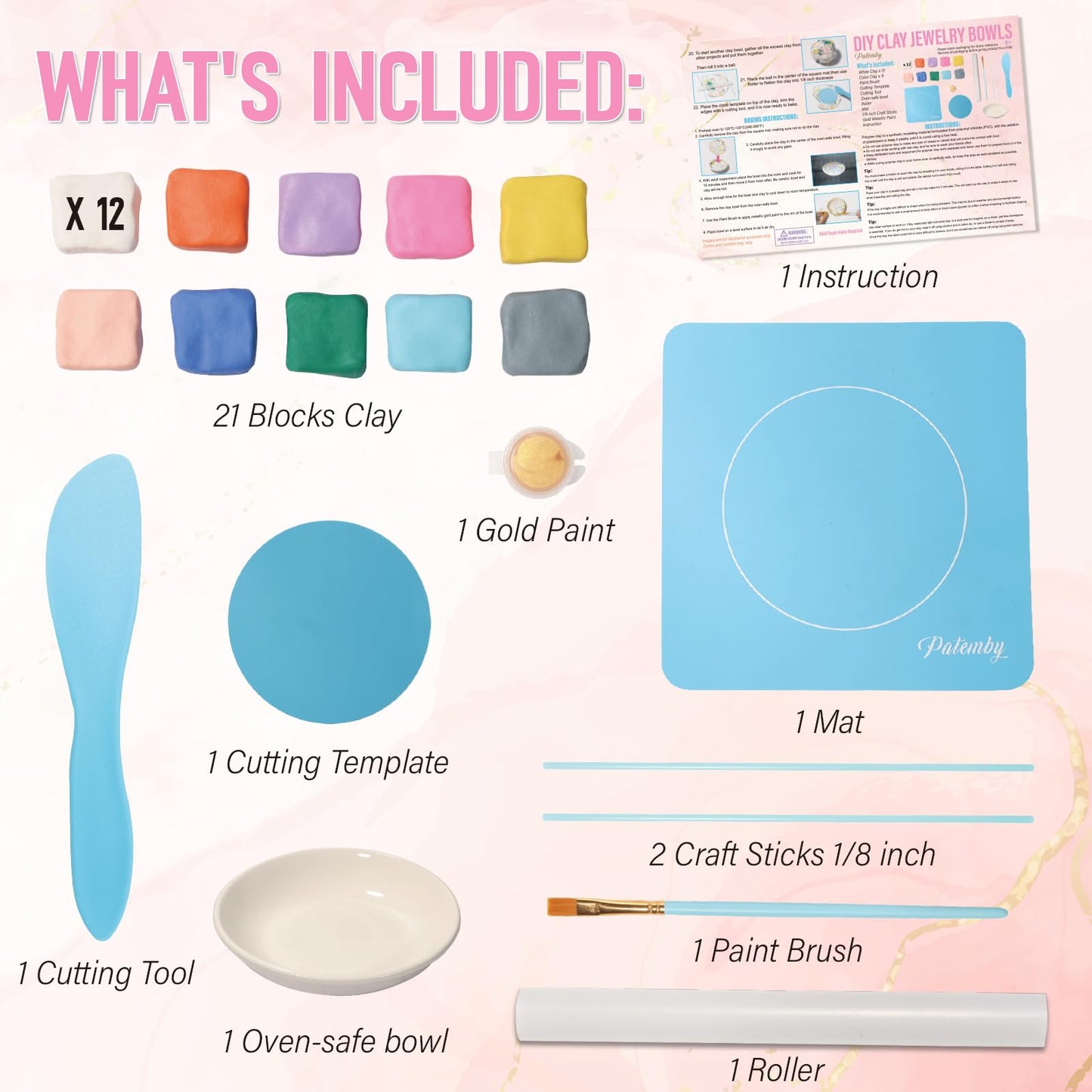 Patemby Clay Jewelry Bowls Arts and Crafts Kit - DIY Polymer Clay Dish for Teens, Multi-Color, Ages 8-12, Model: CLAY JEWELRY BOWL CRAFT