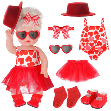 Kajaia Valentine'S Day18 Inch Doll Clothes Doll Outfit Set Includes Bodysuit Bow Headdress Skirt Hat Shoes Socks Heart Sunglasse