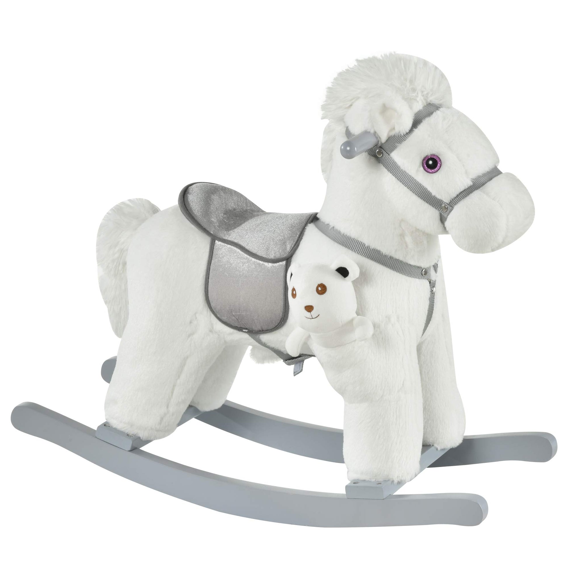 Qaba Kids Plush Ride-On Rocking Horse With Bear Toy, Children Chair With Soft Plush Toy & Fun Realistic Sounds, White