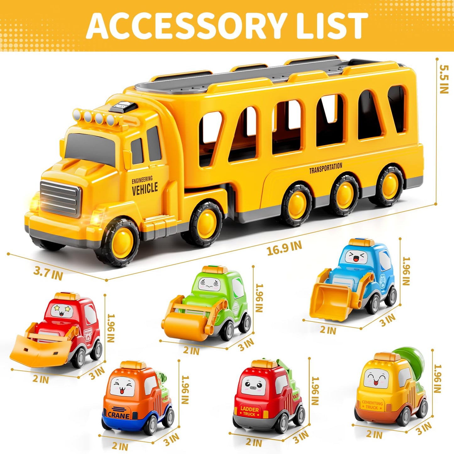 Bennol Toddler Trucks Toys For Boys Kids, 16.9-In Longer Transport Construction Truck With 6 Cars, Car Truck Toys With Lights &