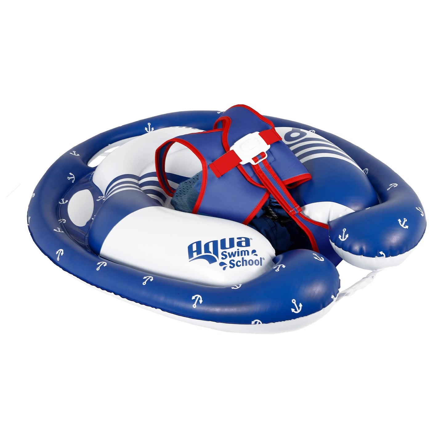 Swimschool Freestyle Swimmer Baby Pool Float With Multi-Position, Adjustable Safety Seat, Dual Air Chambers Safe, Red-White-Blue Nautical