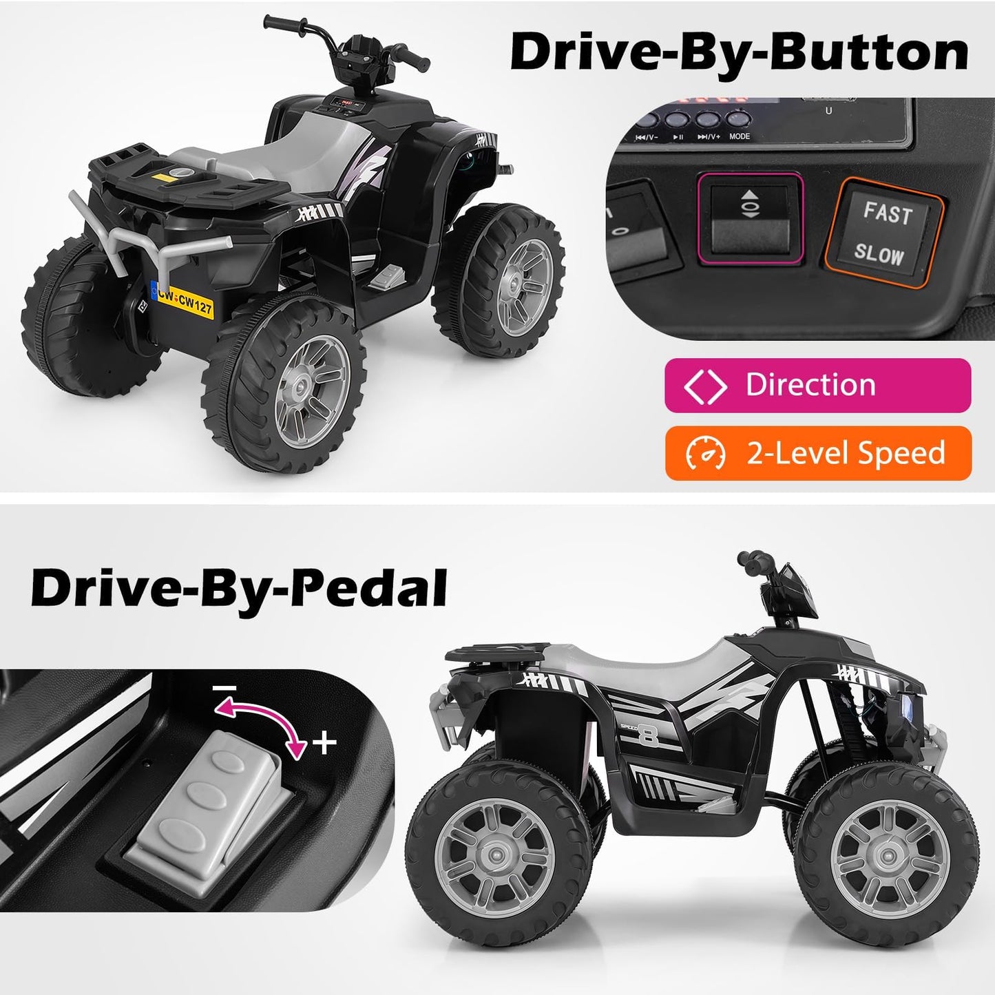 Coszton Atv For Kids, 24V Battery Powered Electric Atv Quad W/Soft Start, Wireless Connection, Music, Radio, Treaded Tires, Led Lights, Kids Ride-On Atv Kids 4-Wheeler For 3-8 Boys & Girls (Black)