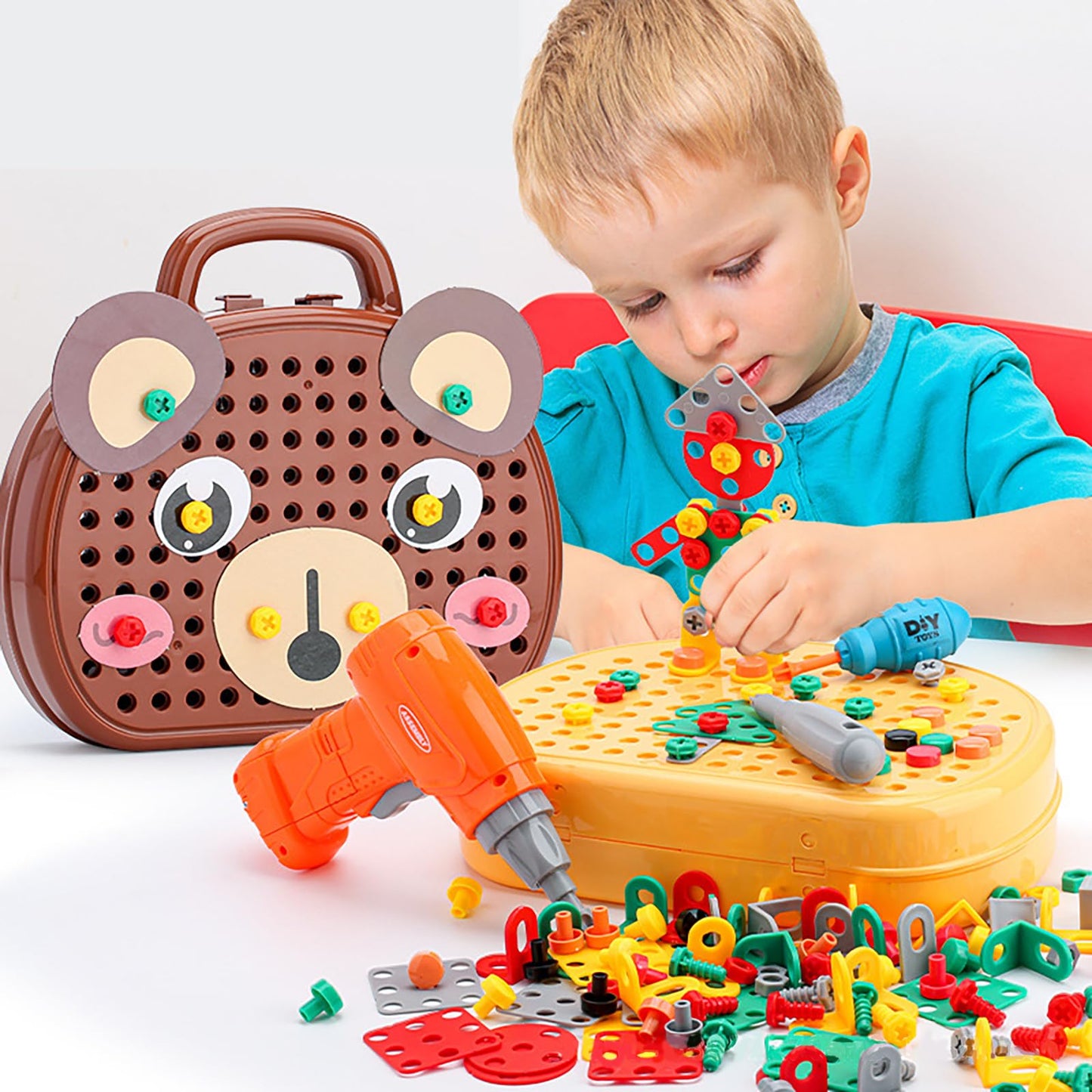 Magic Montessori Play Toolbox With Drill, 203Pcs Magic Montessori Play Toolbox Bear-Themed, 2D/3D Creativity Tool Box Montessori