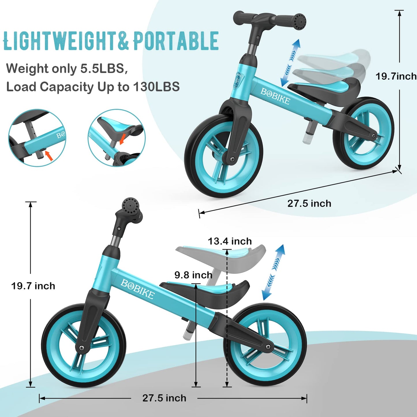 Bobike Toddler Balance Bike Toys For 1 To 3 Year Old Girls Boys Adjustable Seat And Handlebar No-Pedal Training Bike Best Gifts For Kids (Blue)