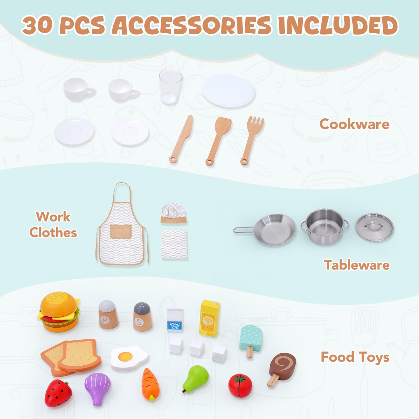 Wooden Play Kitchen For Kids Toddlers, Kitchen Playset With Stove, Oven, Sink, Fridge And Accessories Toy Kitchen Set With Plent