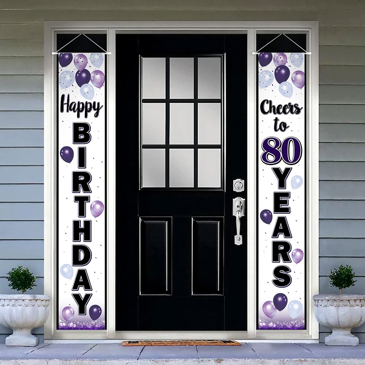 LASKYER Happy 80th Birthday Decorations,80th Purple Balloon Birthday Theme Door Hanging Banner Sign,Cheers to Eighty Years Old B