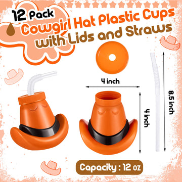 Amyhill Cowboy Hat Cups with Lids and Straws 12 oz Plastic Cowboy Hat Cups for Western Party Supplies Cowboy Birthday Party Deco