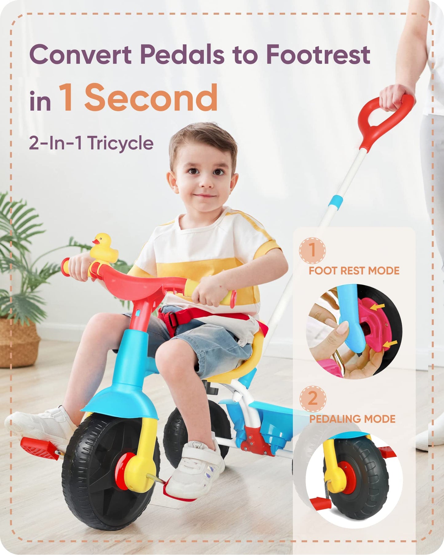 KRIDDO 2 in 1 Kids Tricycle for Ages 18 Months to 3 Years, Carbon Steel, EVA Wheel, Classic Color, Model TC005