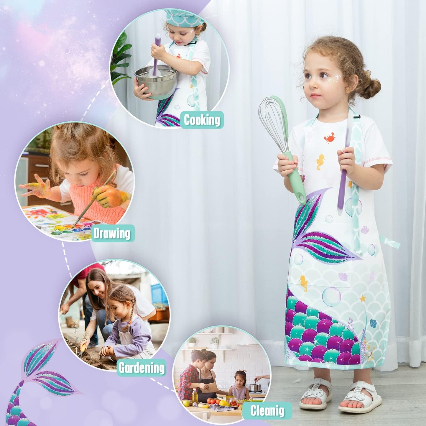 Wernnsai Mermaid Apron Set - Waterproof Chef Artist Cooking Aprons For Kids Girls Toddler Kitchen Apron With Adjustable Strap Pocket Chef Hat And Mittens For Baking Painting (Extra Small, 2-5 Years)