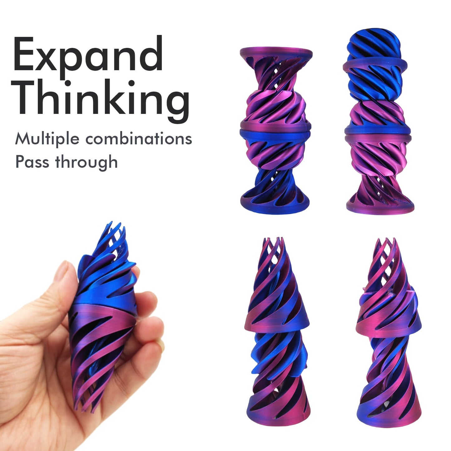 3D Printed Magic Pass-through Pyramid, Cone Fidget, Cylinder Anxiety Relief for Desktop - Decoration Set of 3, Laser Purple