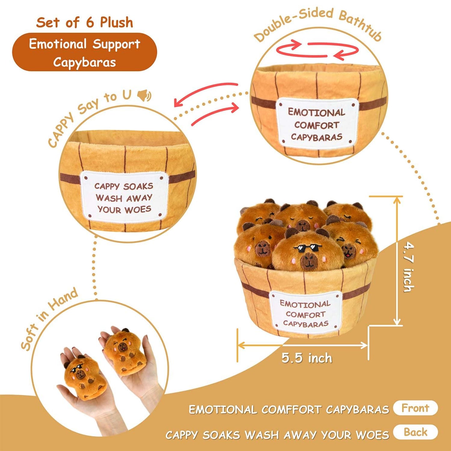 Inspirational Emotional Support Capybara Plush Toy, 6 Cute Stuffed Capybaras Soak in 1 Plush Bathtub, Funny Stuffed Animal Gift