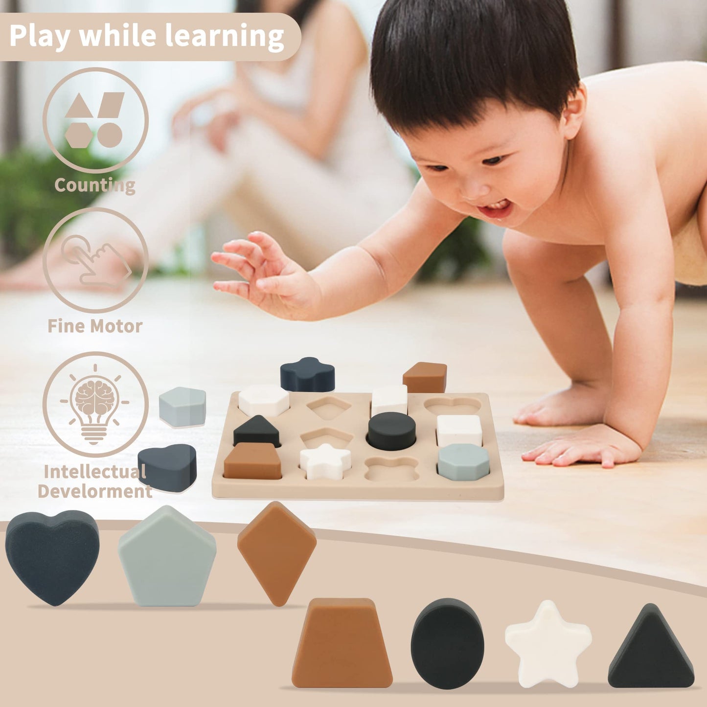 Toyhdayo Toddlers Shape Silicone Puzzle Montessori Learning Shape Toy Board For Baby & Toddler Puzzles Toys Toddler Gifts