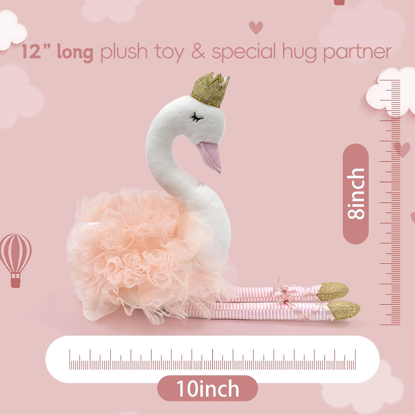 Mikee Fluffie Plush Toy Ballet Swan 12" Stuffed Animal for Kids, Polyester, 12" Tall, Perfect Gift for Girls