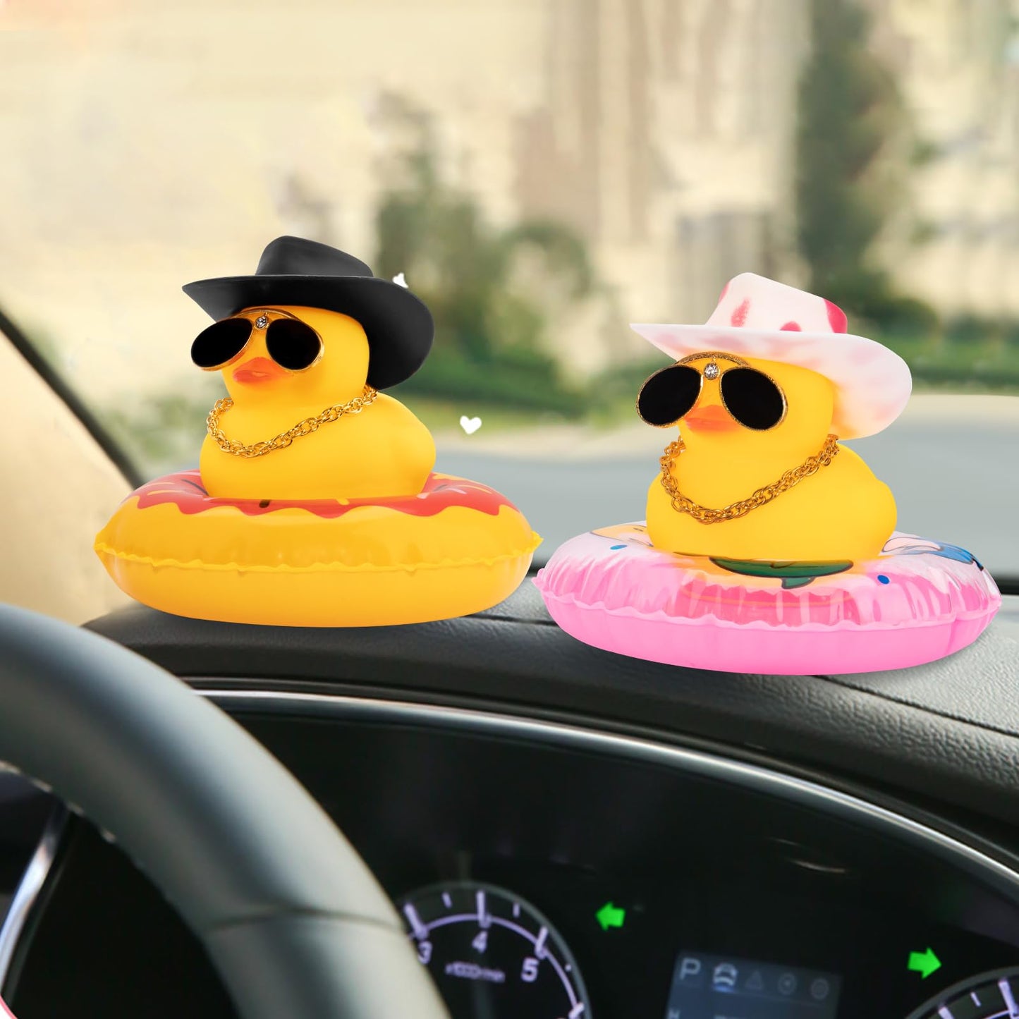 Wonuu Swim Ring Rubber Ducks With Mini Diamond Glasses Hat Necklace For Cars Dashboard Decorations Car Accessories Toy Duck Car Ornament, Cowboy Hat Black- Red Donut Swim Ring