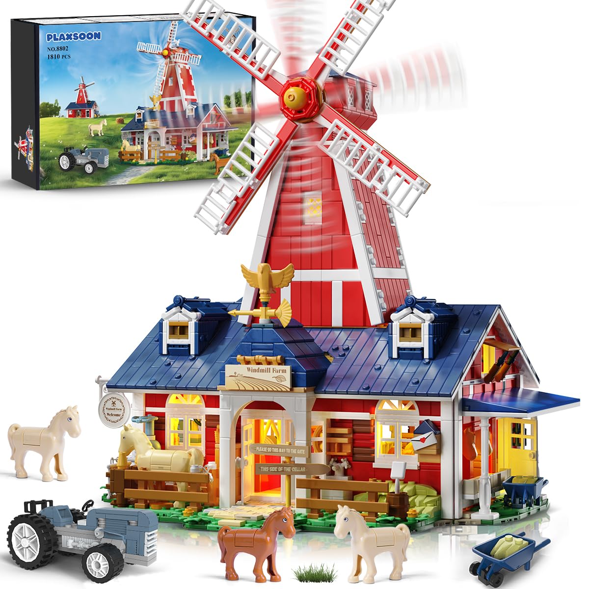 PLAXSOON Farm House Building Set with Light  1810 PCS Mechanical Farm Barn Building Block Toy with Windmill Tractor Animal Horse Stable  Construction Model for Easter for mature-themeds Teens Boys Girls 12+