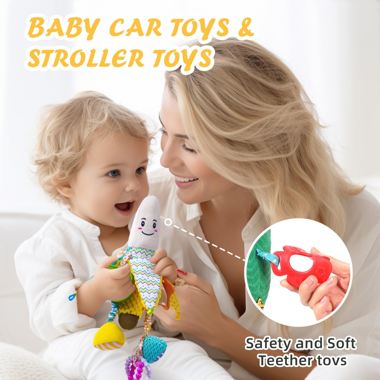 Jollybaby Stroller Rattle Toys For Car Seat Parm, Fruit Plush Hanging Infant Crib Bed Travel Activity Ring Bell With Crinkle, Squeaky & Teether For Boys Girls(Banana)