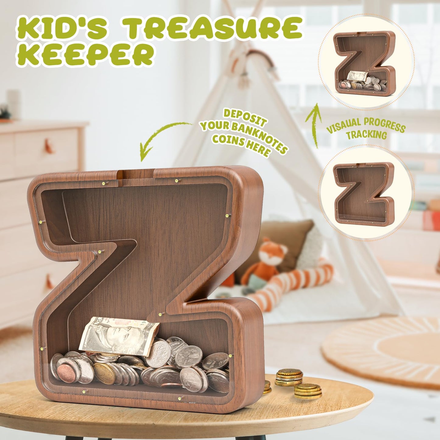 Summidate Wooden Letter Piggy Bank for Kids Girls Boys,Unbreakable Coin Banks for Baby,Personalized Cute Initial Money Banks, Bi