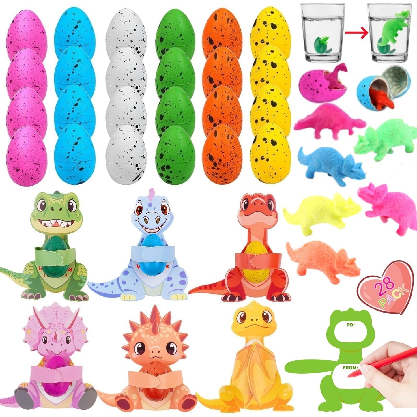 MZfowsen 28Pack Valentines Day Gifts for Kids Boys Girls, Valentines Day Cards with Dinosaur Hatching Eggs Toys for Kids School 