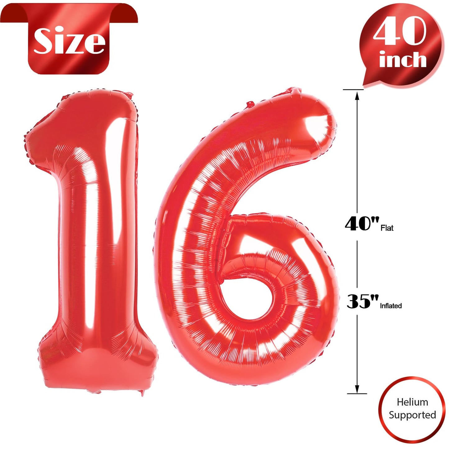 16 Balloon Number, Red Number 16Th Birthday Balloons 40 Inch, Sweet 16 Years Old Red Birthday Decorations For Boys Girls, 16Th A