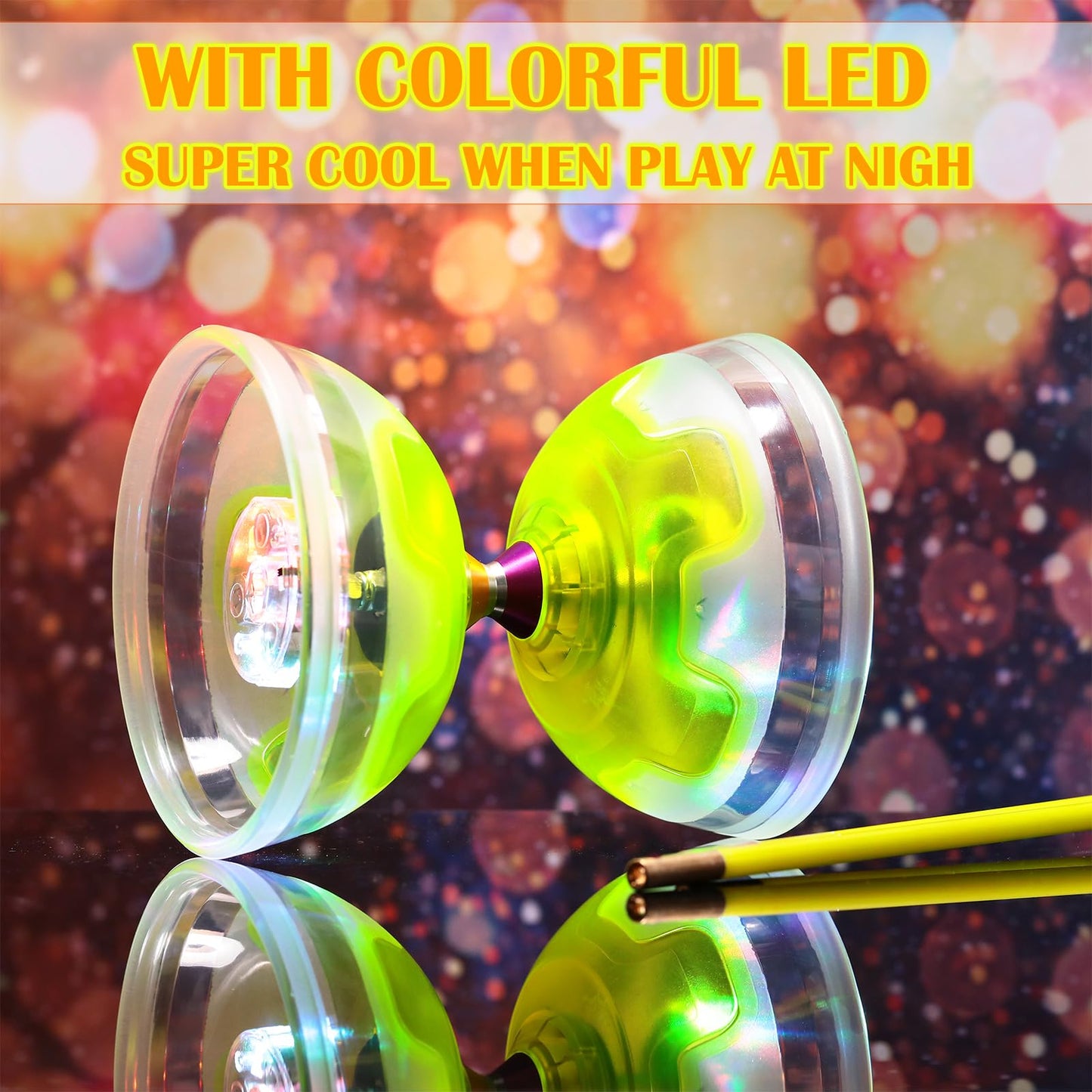 Chitidr Chinese Yoyo Diabolo Set Includes 5 Inch Colorful Led Diabolo Toy Light Up With 2 Pieces Diabolo Sticks, 1 Piece Diabolo