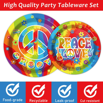 96 Pcs 60’S Party Hippie Tableware Set Groovy Hippie Plates Napkins 60S Hippie Themed Party Decorations Peace Love Tie Dye Style Disposable Paper Tableware Birthday Party Suplies Favor For 24 Guests