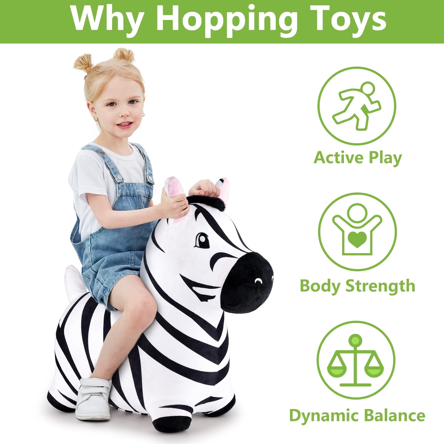 iPlay, iLearn Bouncy Pals Inflatable Zebra Hopper - Plush Ride-On Toy for Kids 18 Months to 5 Years - Large, White