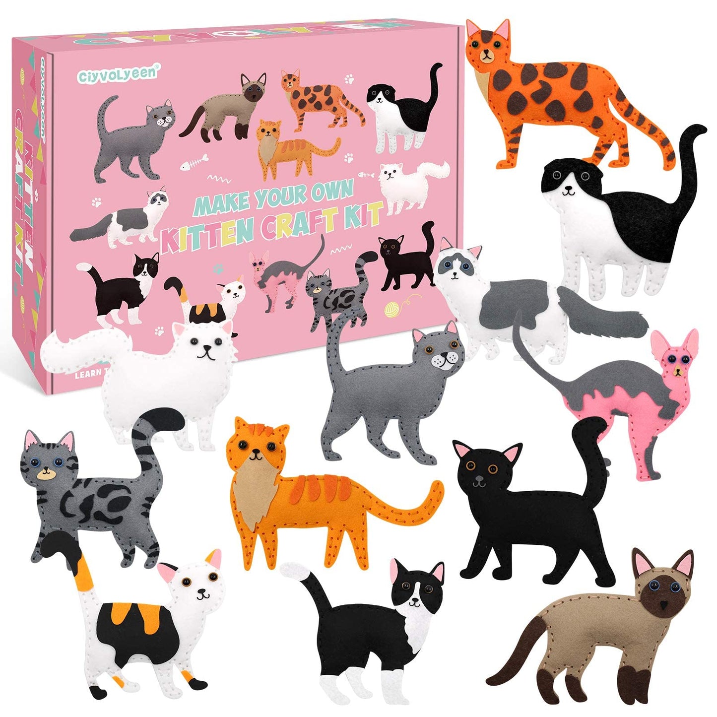 CiyvoLyeen Kitten Craft Kit Kids DIY Crafting and Sewing Set Kitty Cat Stuffed Animal Felt Plushies for Girls and Boys Education