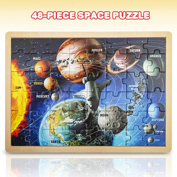 Gamie 48-Piece Wooden Space Puzzle For Kids With Storage Tray, Wood Solar System Puzzle For Boys And Girls, Educational Learning Toys, Best Stem Activities For Children
