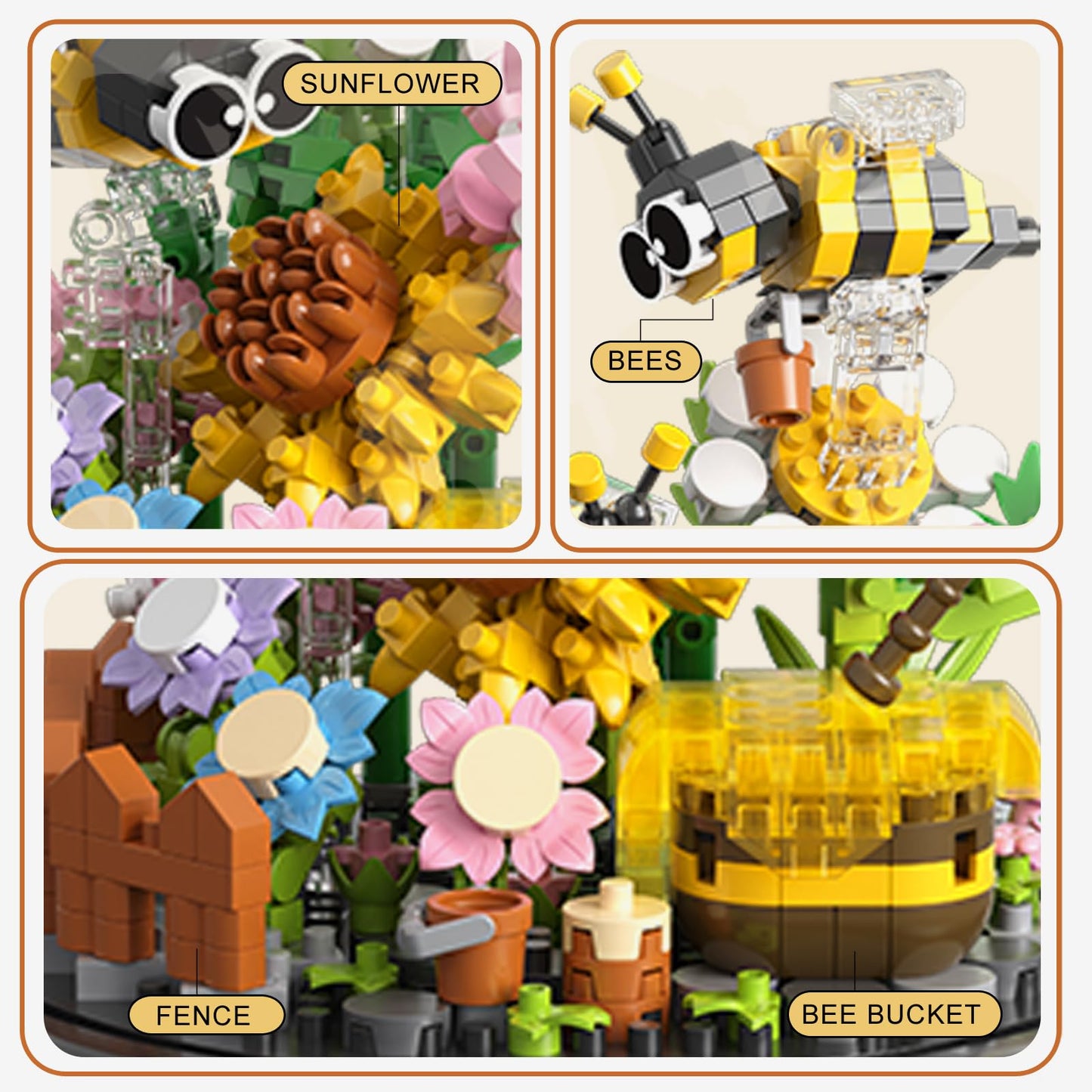 OLTLYUNH Flower Bouquet Building Set, Mini Plant Bonsai Tree, 5.11x5.11x6.41 inches, Plastic, Flower Bee, Perfect Gift for Kids and Adults