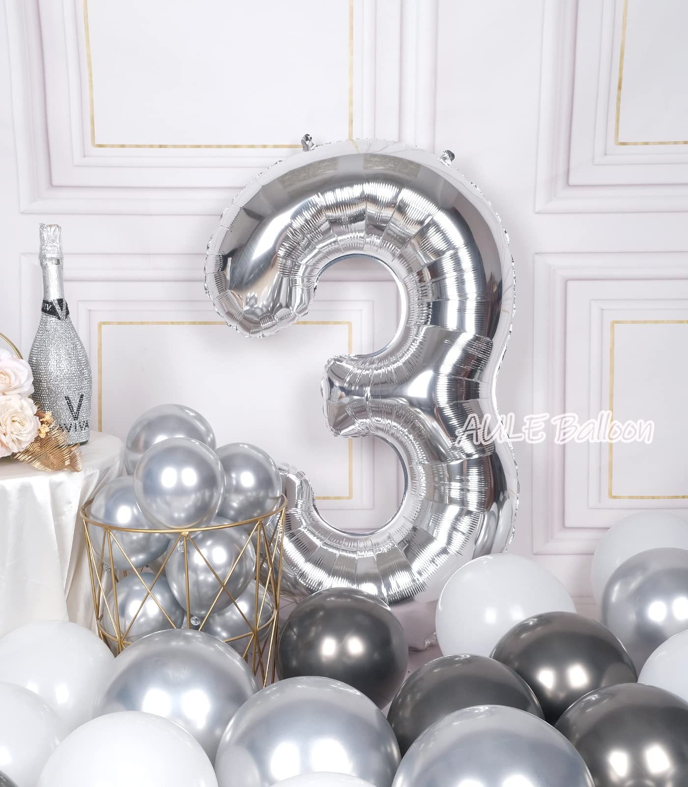 Aule 40 Inch Big Silver 3 Balloon Number Large Foil Helium Number Balloons 0-9 Jumbo Giant Happy 3Rd Birthday Party Decorations