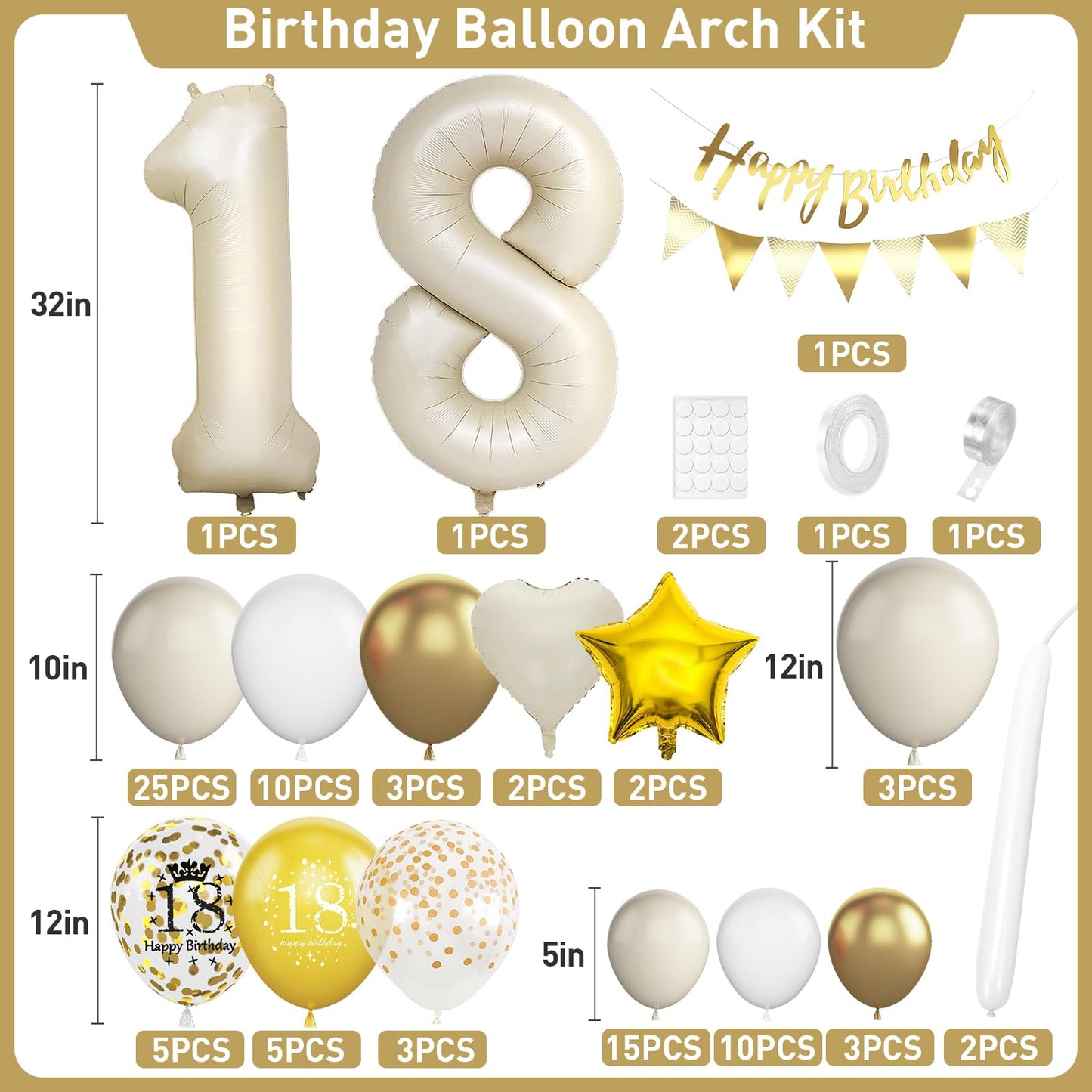 18Th Birthday Decorations For Sand White Gold,18Th Birthday Balloon Arch Garland Kit With Happy 18Th Birthday Number 18 Foil Bal