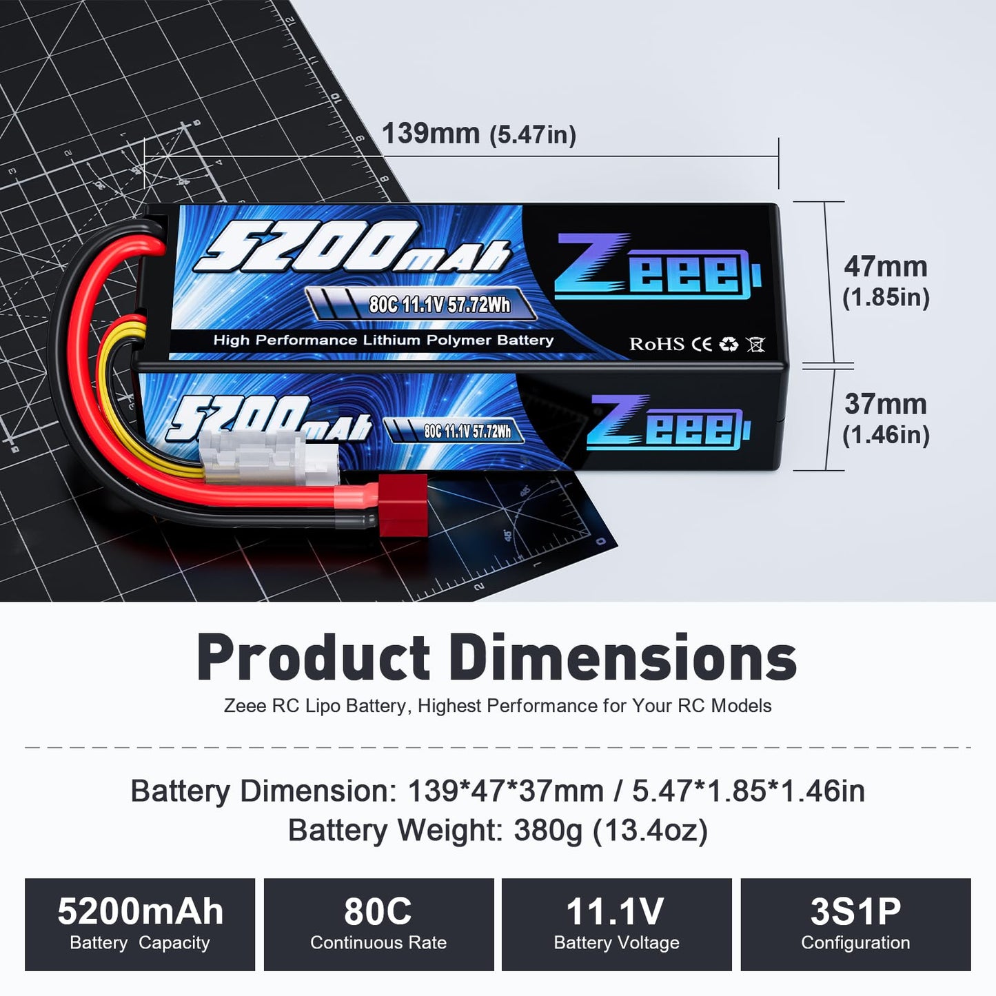 Zeee 3S 5200Mah Lipo Battery 11.1V 80C Hardcase Battery With T Connector For Rc Car Boat Truck Helicopter Airplane Racing Models