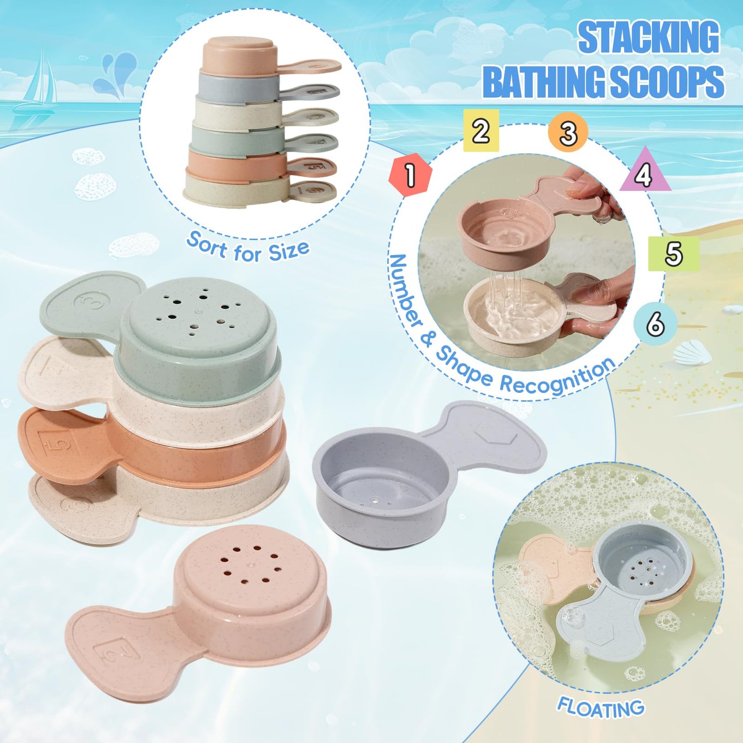 Baby Bath Toys  11PCS | Mold Free Bath Toys for Toddlers with Bath Boats | Educational Bath Spoons with Numbers| Easy-Grip  Floating and Drain Water | Count Skill & Color Recognition | Baby Pool Toys