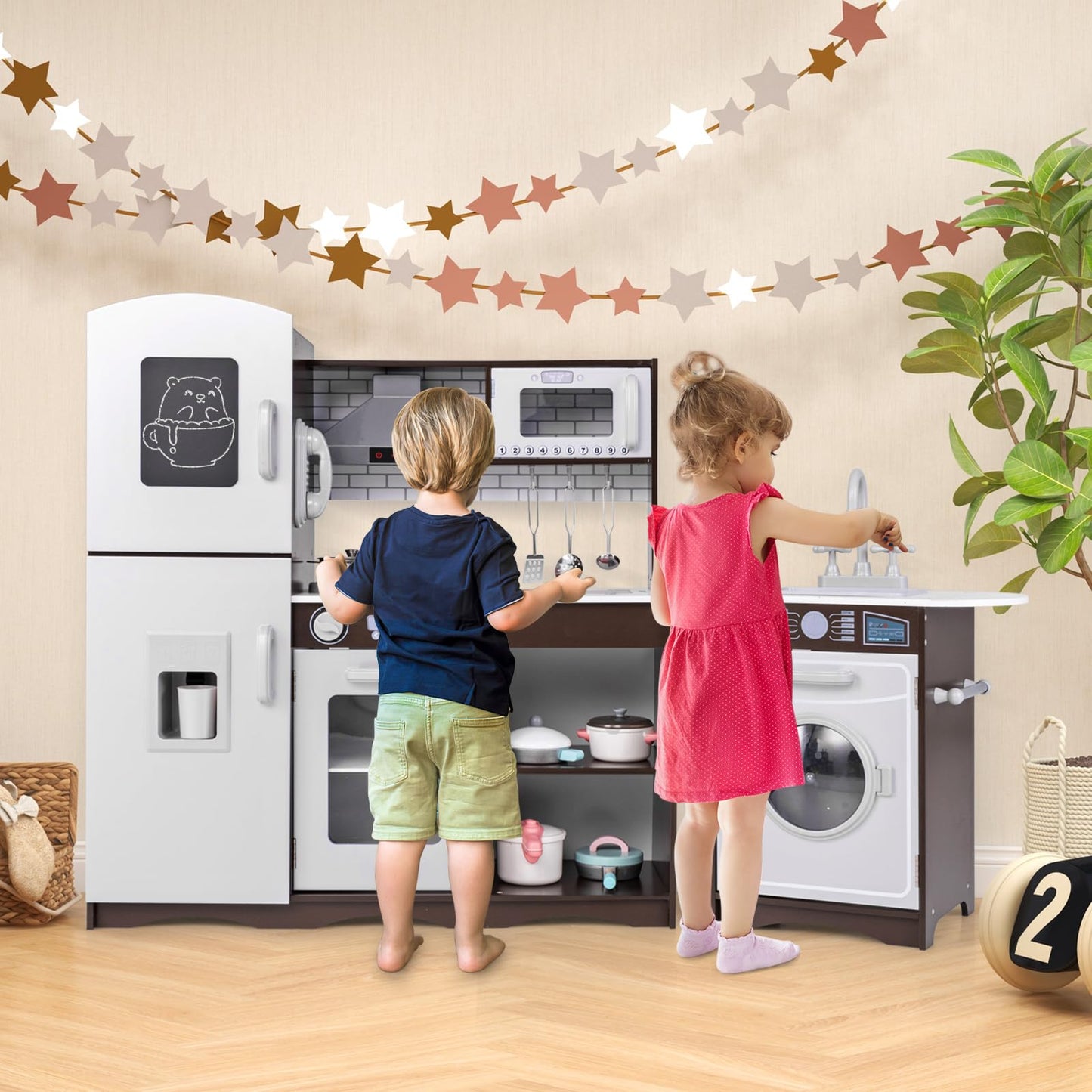 Costzon 2-Piece Play Kitchen, Wooden Toy Kitchen Set with Washing Machine, Range Hood, Ice Maker, Blackboard, Pretend Telephone,