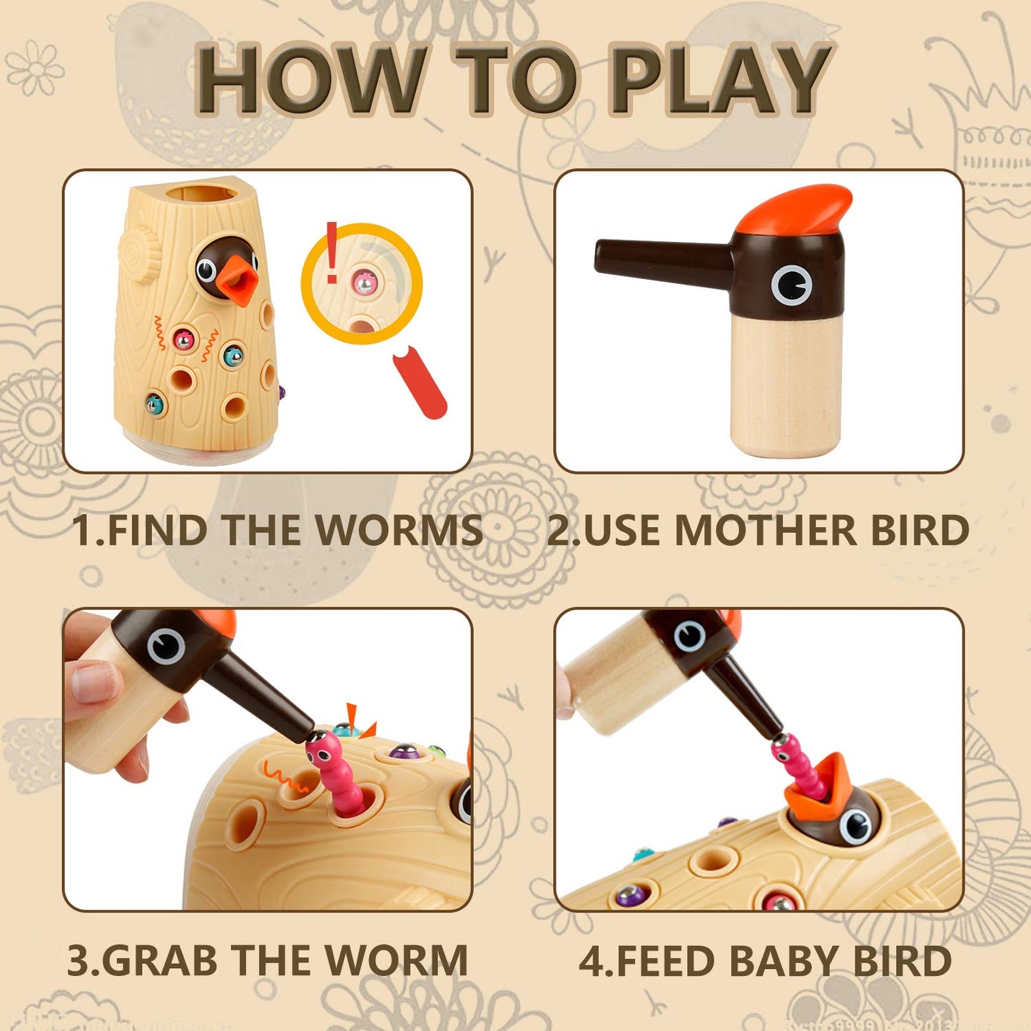 TOP BRIGHT Montessori Woodpecker Worm Toy - Magnetic Bird Feeding Game for Kids Age 2-4, Multicolor, Fine Motor Skills Development