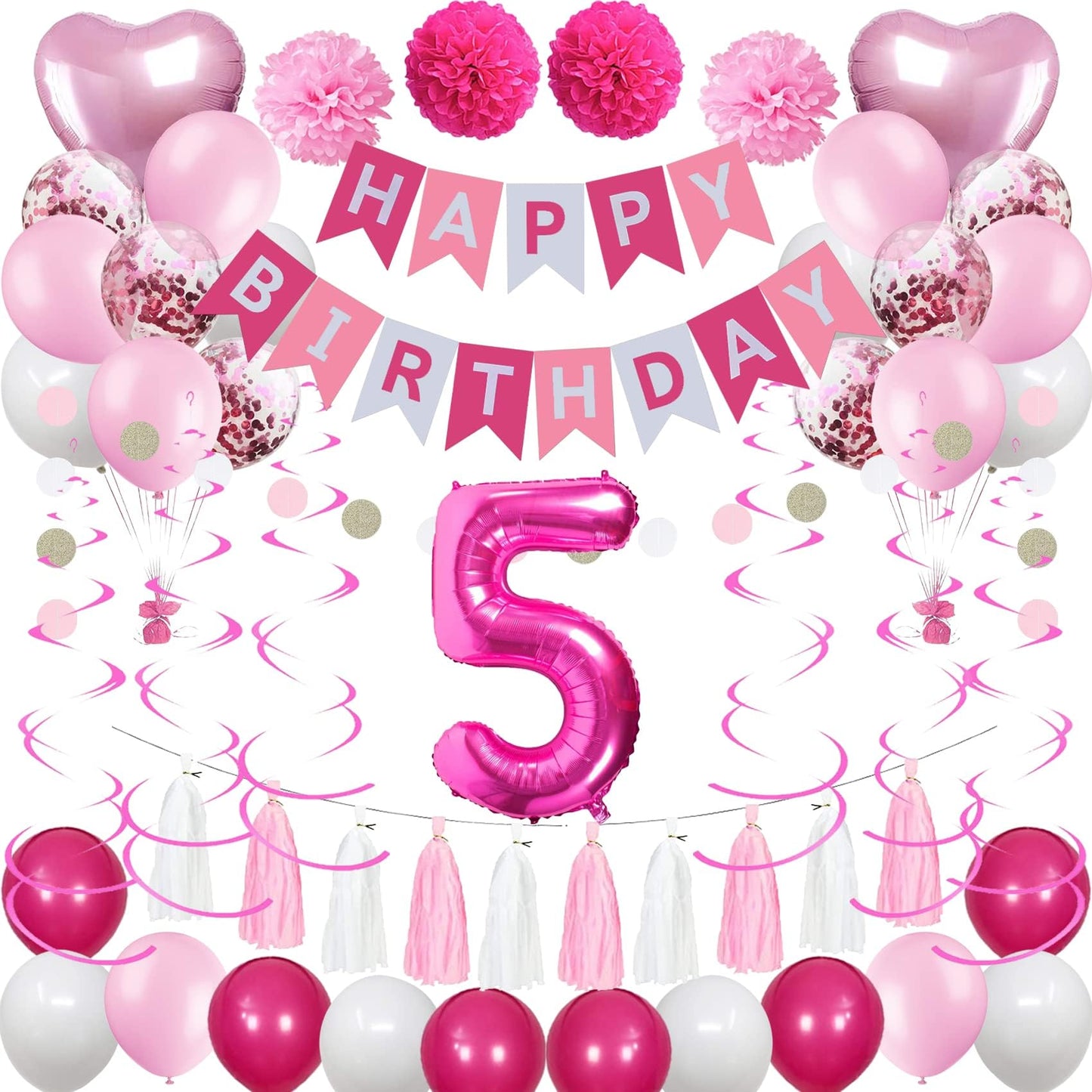 Sweet 5Th Birthday Decorations For Girls, Pink And White 5 Happy Birthday Balloons,5Th Birthday Party Supplies For Daughter Her