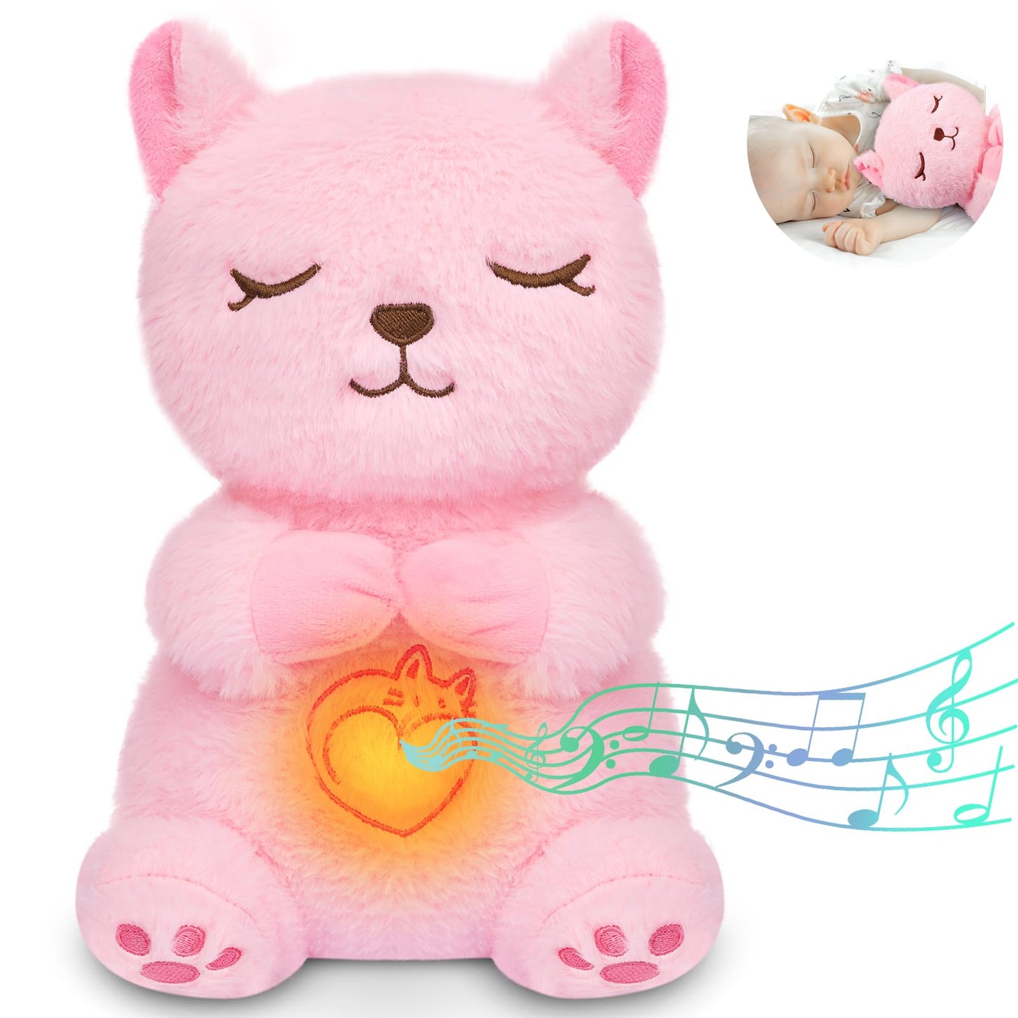 Prewplam Breathing Stuffed Animal, Pink Cat Plush Baby Toy, Soothing Sound Machine With Music Lights & Breathing Motion For Anxi