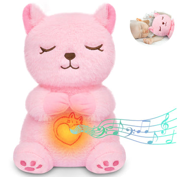 Prewplam Breathing Stuffed Animal, Pink Cat Plush Baby Toy, Soothing Sound Machine With Music Lights & Breathing Motion For Anxi