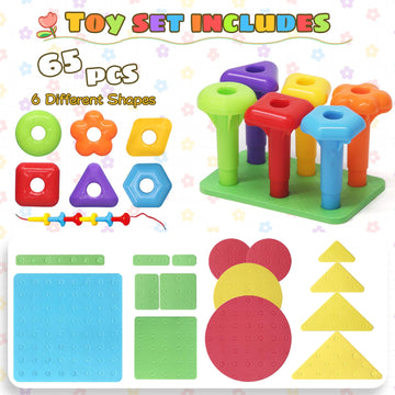 Peg Board Toy Set 65Pcs Diy Building Stacking Toys For Kids 3-6 Years Old,Stem Educational Kids Toys For Brain Development,Monte