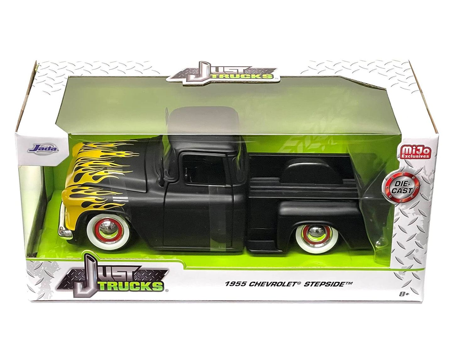 MiJo Exclusives Jada Toys 1:24 1955 Chevrolet Stepside Truck - Matte Black with Yellow Flames - Just Trucks - 34294