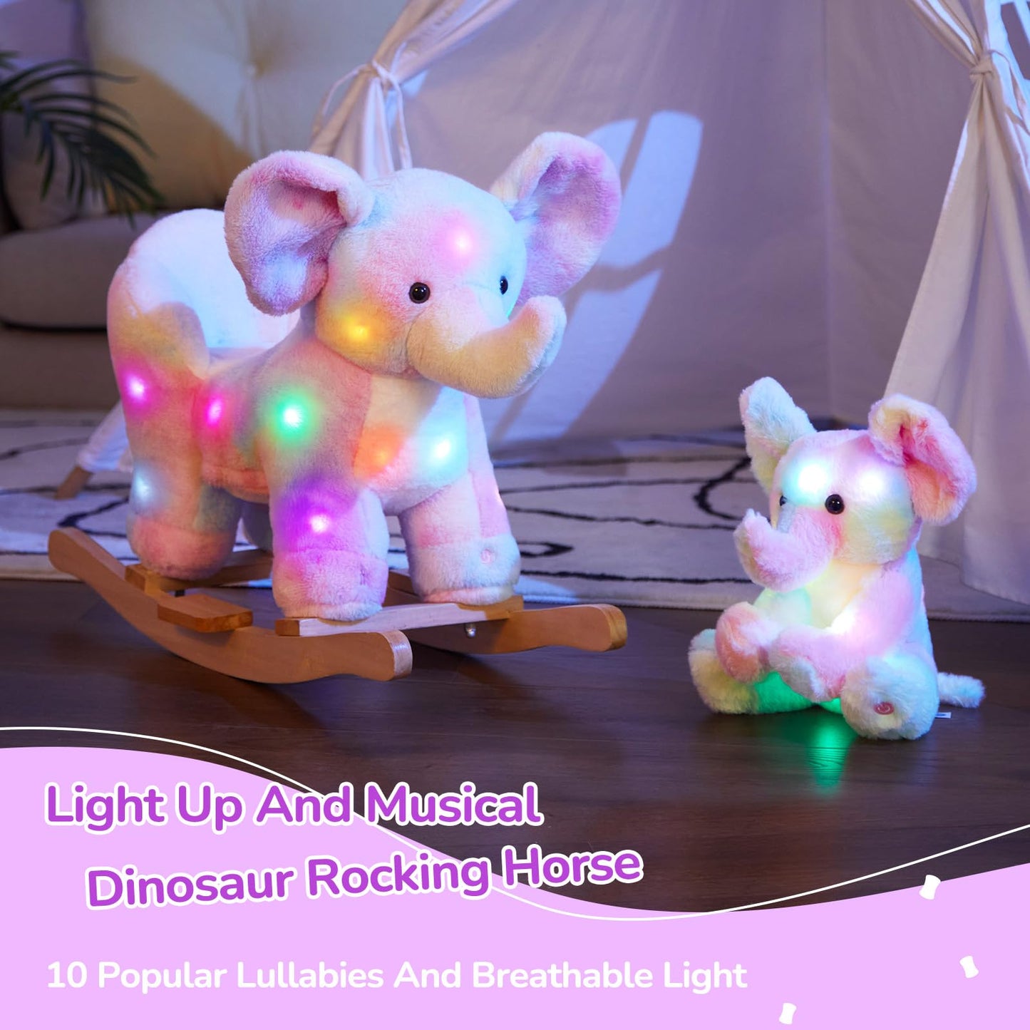 Glow Guards Light Up Musical Elephant Baby Rocking Horse Set Of 2 With Rainbow Elephant Plush Toy Baby Wooden Chair For Toddlers Girls And Babies Age 1-3 (Elephant)