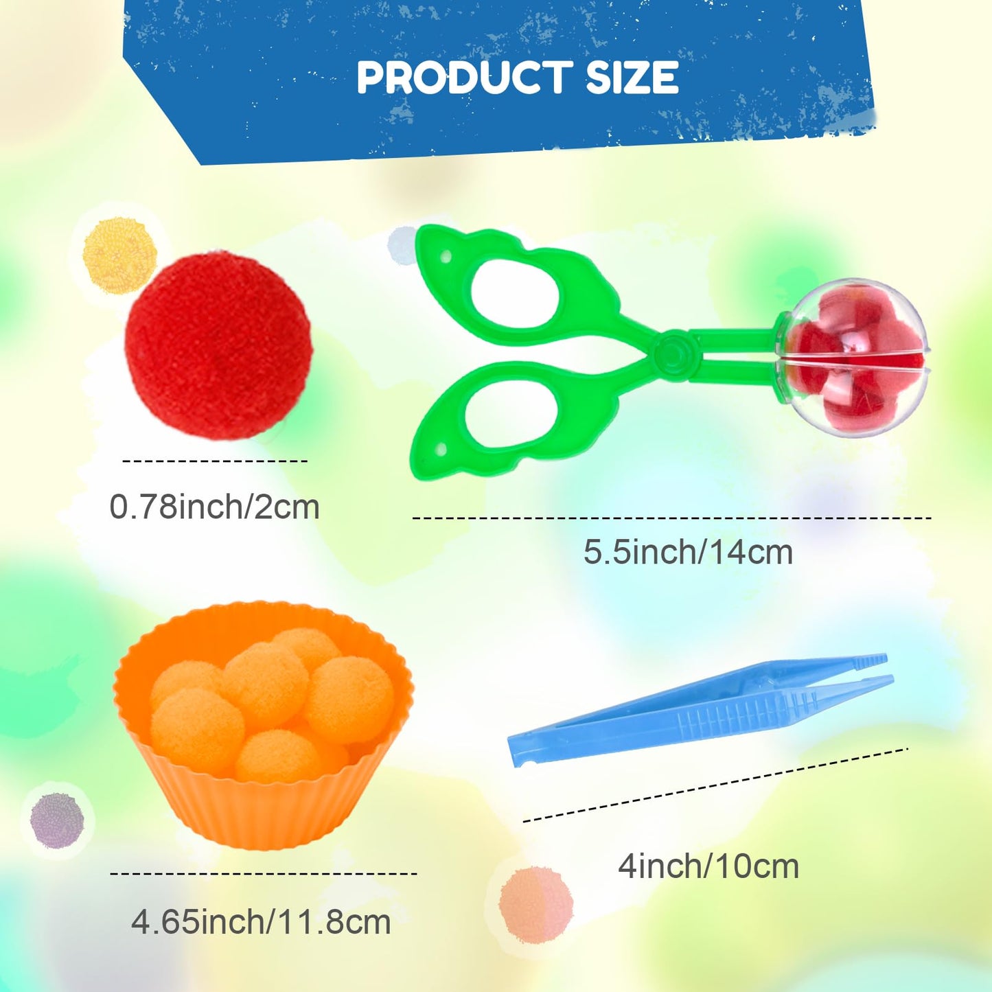 Icraftine 114 Pcs Fine Motor Skills Sensory Bin Filler Includes 10 Sorting Bowls, 100 Pom Poms, 2 Tweezers, 2 Scooper Scissors F