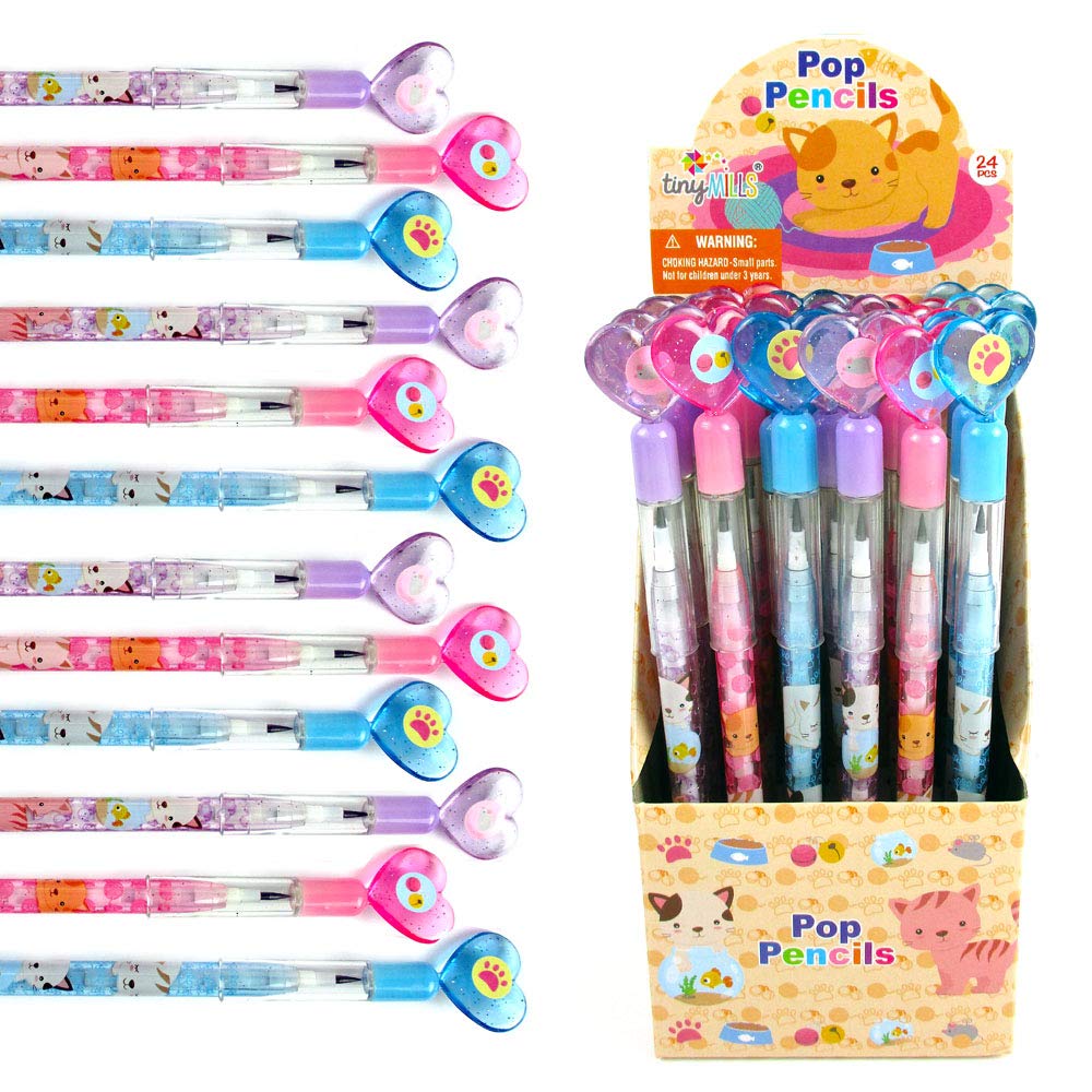 TINYMILLS 24 Pcs Cats Kittens Multi Point Stackable Push Pencil Assortment with Eraser for Kittens Birthday Party Favor Prize Ca