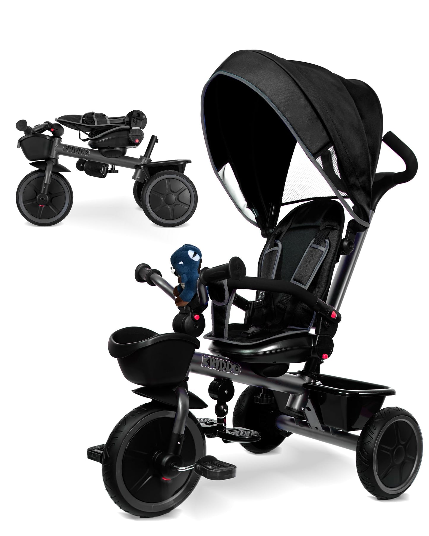 KRIDDO 7-in-1 Tricycle Stroller for Toddlers 18 Months to 5 Years, Adjustable Push Handle, Rotatable Seat, Cup Holder and Retrac