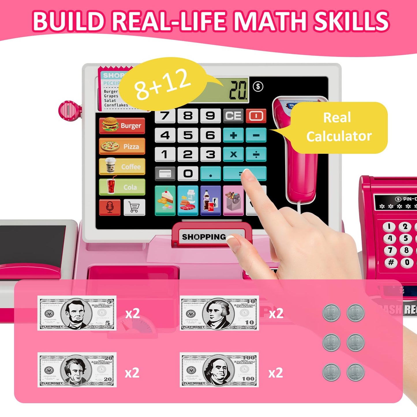 Hyes Kids Cash Register Toy Playset With Real Calculator, Toddler Pretend Play Store Incl Scanner/Credit Card/Play Money/Conveyo