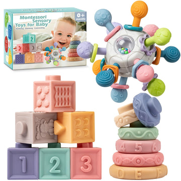 Springflower 3 In 1 Montessori Toys For Babies 0-3-6-12 Months, Rattle Teether & Baby Blocks & Soft Stacking Rings, Sensory Developmental Education Toys,Gift For Toddler Baby 0-3-6-12-18 Months