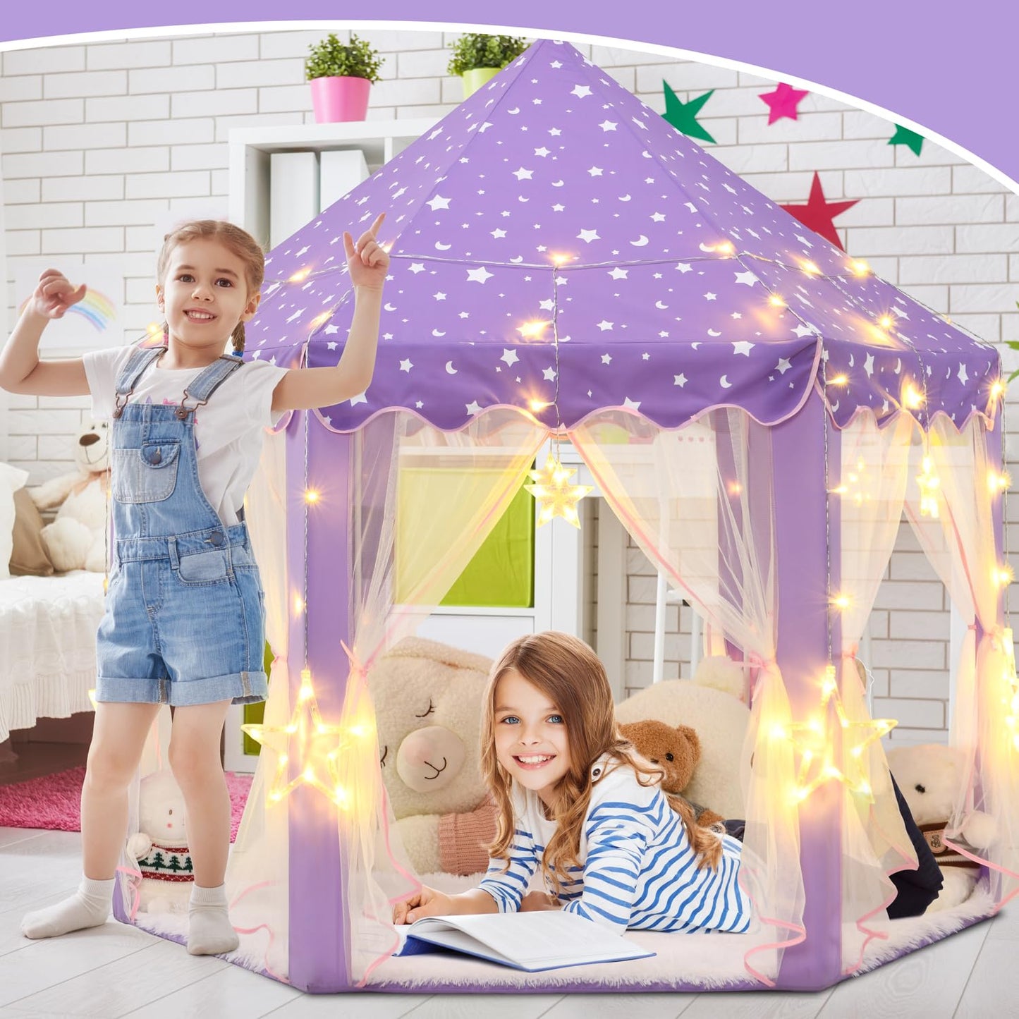 Kixinwa Purple Princess Tent For Girls, Kids Play Tent With Led Large Star Lights, Castle Playhouse Tent For Children Toddlers I