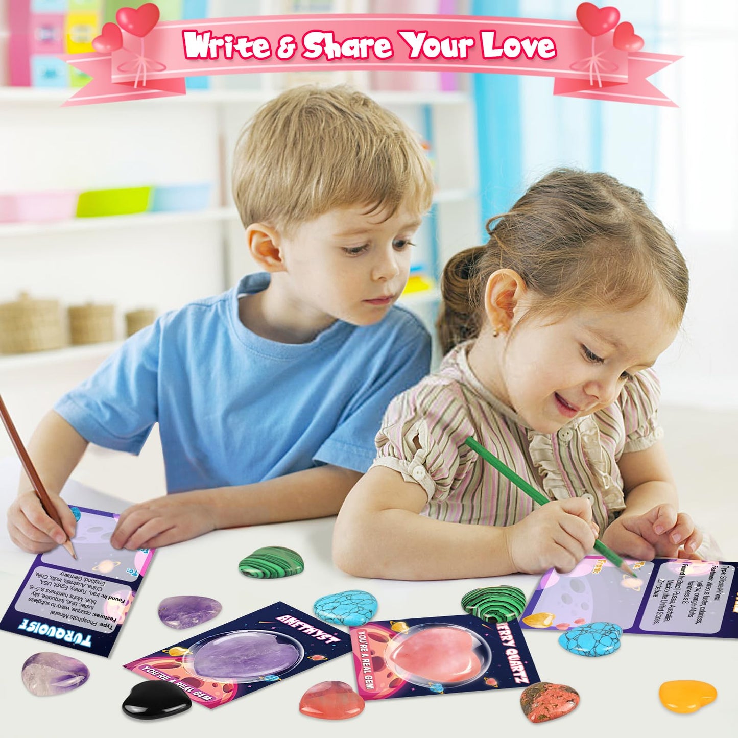 Arfun Valentines Day Gifts for Kids Classroom, 28 Pack Valentines Cards Goodie Bags with Heart Stones, Valentine Exchange Party